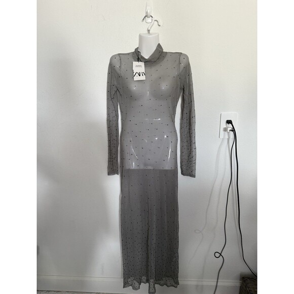 ZARA Semi Sheer Long Knit Maxi Dress Small Rhinestone Gray Womens Coverup NWT - Picture 3 of 10